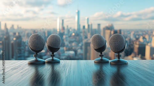 news microphones set on a table with a cityscape backdrop perfect for representing journalism and media in daily coverage of breaking news and live reporting from the heart of the city photo