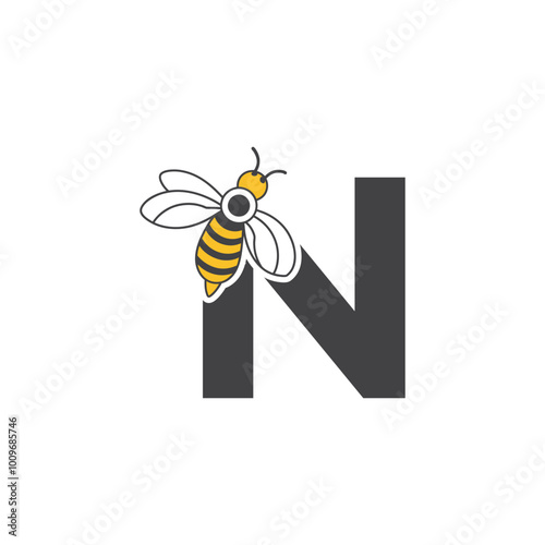 Initial letter N bee logo design. Honey bee with letter N on wings logo or icon vector bee design illustration concept .
