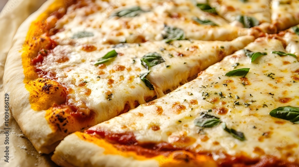 A close-up of a cheese pizza with fresh basil leaves, showcasing the classic Italian dish with a touch of freshness. A close-up of a cheese pizza with fresh basil leaves, showcasing the classic Italian dish with a touch of freshness.