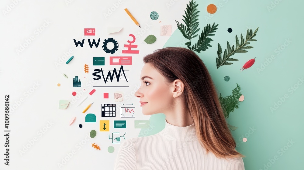 A businesswoman presenting a SWOT analysis of a competitor, using data and insights to understand competitive threats and opportunities. A businesswoman presenting a SWOT analysis of a competitor, using data and insights to understand competitive threats and opportunities.