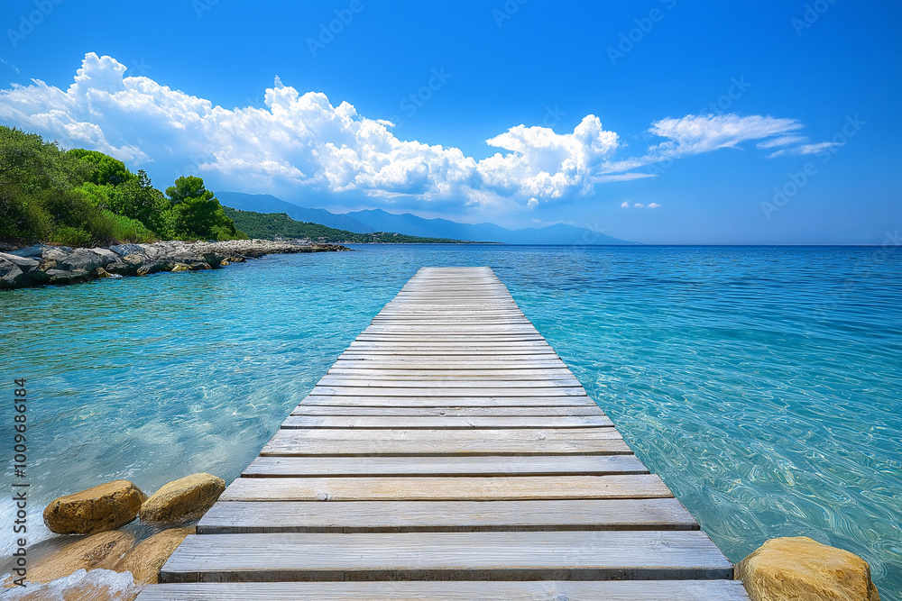 Obraz premium Wooden Pier Stretching into Clear Blue Ocean Under Bright Sky for Tranquil Coastal Getaway