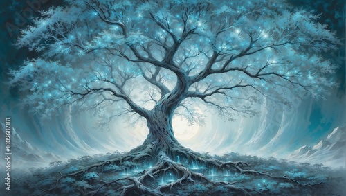 Teal glowing tree in the night