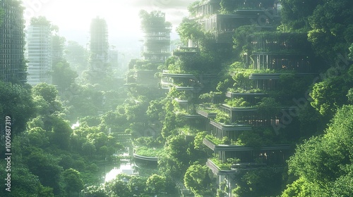 Fototapeta Naklejka Na Ścianę i Meble -  eco-friendly and sustainable urban jungle concept, featuring futuristic architecture and lush greenery, creating modern city spaces that enhance community living and green business environments
