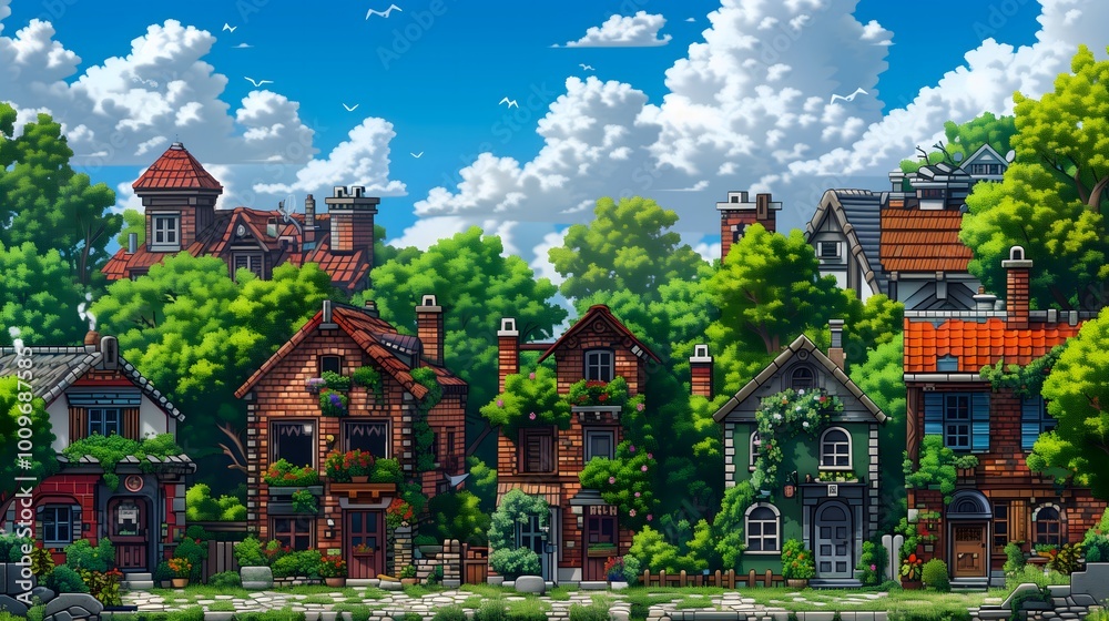 Obraz premium retro video gaming style, green town with partially abandoned houses, blue sky with fluffy clouds