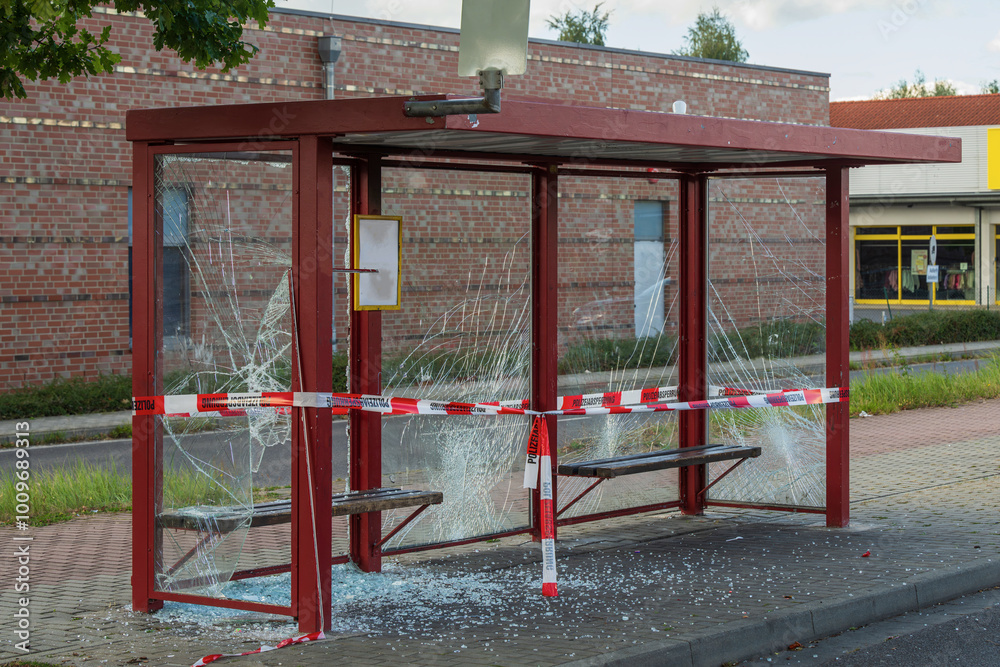 Bei einer Bushaltestelle wurden die Scheiben zerstört und mit einem Absperrband mit der Aufschrift Polizeiabspeerung abgeriegelt