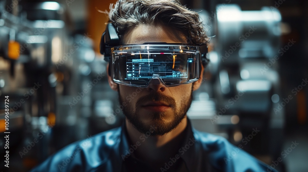 engineer using AR glasses with digital overlay instructions for complex machinery, showcasing the use of augmented reality in industry to simplify tasks and enhance productivity and efficiency engineer using AR glasses with digital overlay instructions for complex machinery, showcasing the use of augmented reality in industry to simplify tasks and enhance productivity and efficiency