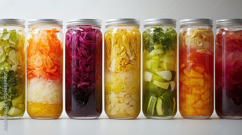 colorful display of fermented vegetables and fruits in clear glass jars, showcasing vibrant textures and rich probiotic content, promoting healthy cuisine and natural wellness through fermentation colorful display of fermented vegetables and fruits in clear glass jars, showcasing vibrant textures and rich probiotic content, promoting healthy cuisine and natural wellness through fermentation