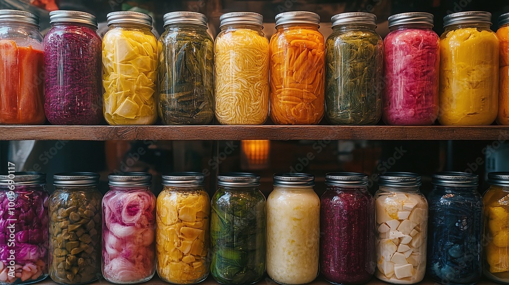 colorful display of fermented vegetables and fruits in clear glass jars, showcasing vibrant textures and rich probiotic content, promoting healthy cuisine and natural wellness through fermentation colorful display of fermented vegetables and fruits in clear glass jars, showcasing vibrant textures and rich probiotic content, promoting healthy cuisine and natural wellness through fermentation