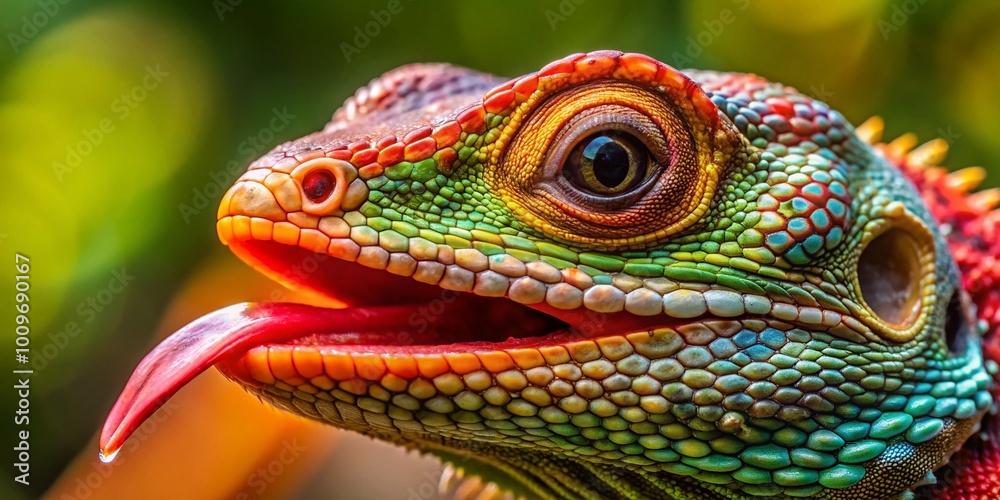 Vibrant Red Tongue of a Lizard Displaying Unique Patterns Against a Natural Background Vibrant Red Tongue of a Lizard Displaying Unique Patterns Against a Natural Background