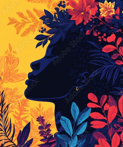 Black woman with plants and flowers in her hair, vintage colors, hand-drawn illustration