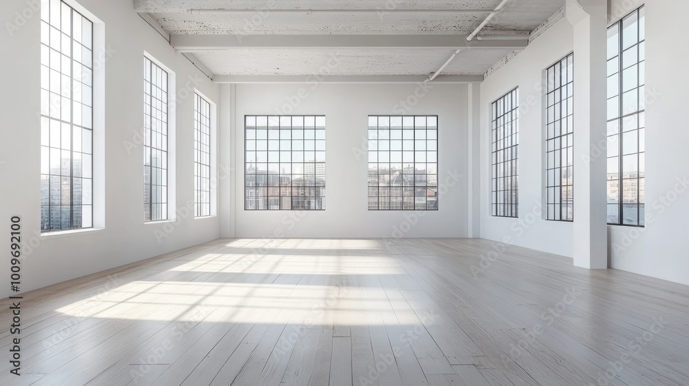 Fototapeta premium designed large windows white walls blank canvas loft ideal location presenting designs