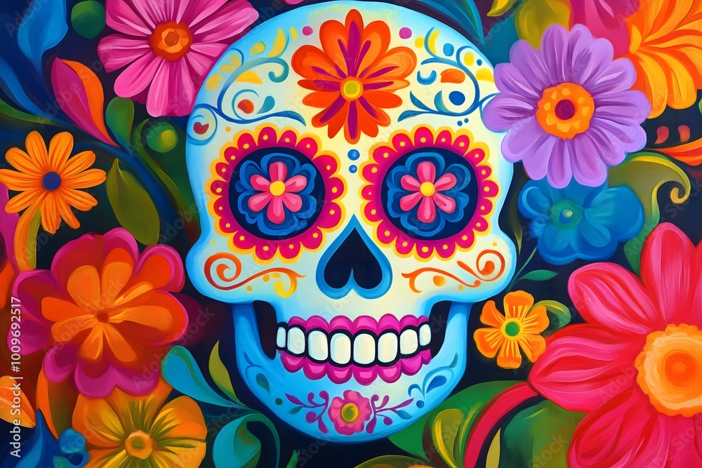 A seamless illustration of flowers and a vibrant sugar skull A seamless illustration of flowers and a vibrant sugar skull