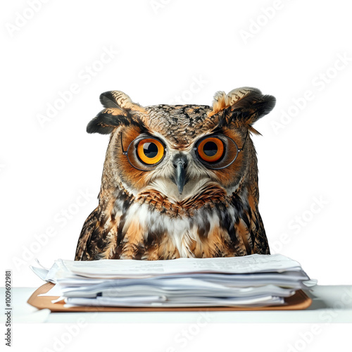 Wallpaper Mural A wise-looking owl wearing glasses sits atop a stack of documents. Torontodigital.ca