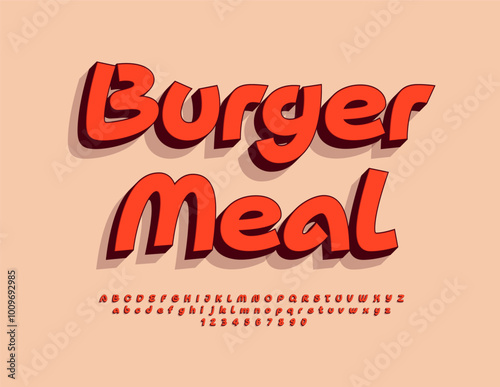 Vector advertisement template Burger Meal with bright handwritten Font. Artistic style 3D Alphabet Letters and Numbers set 