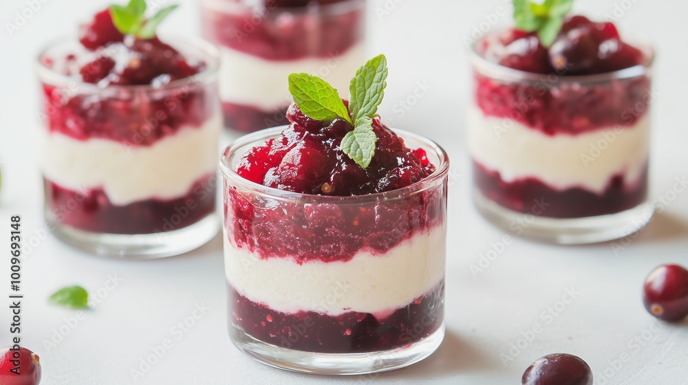 mini cranberry and white chocolate mousse cups, layered with cranberry compote and topped with fresh mint