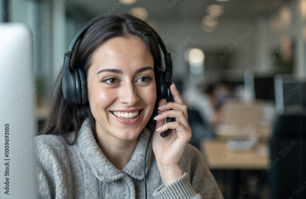 smiling woman talking to customer smiling woman talking to customer