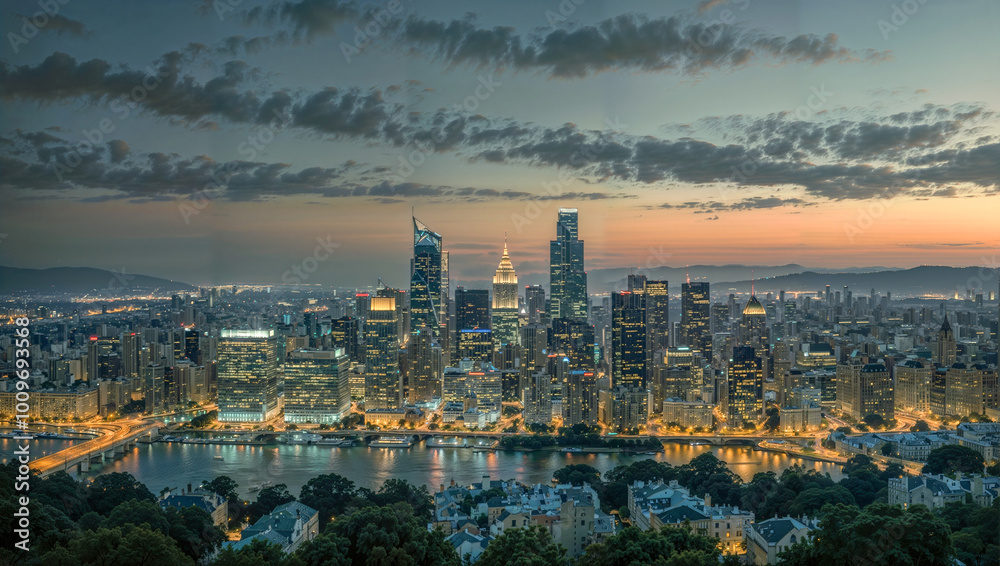 Obraz premium Large view of the city when the sun is setting