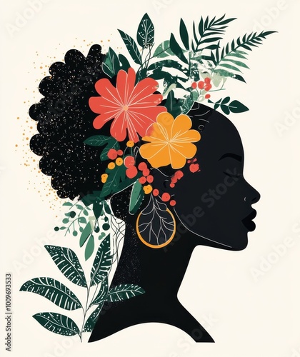 Black woman with plants and flowers in her hair, vintage colors, hand-drawn illustration