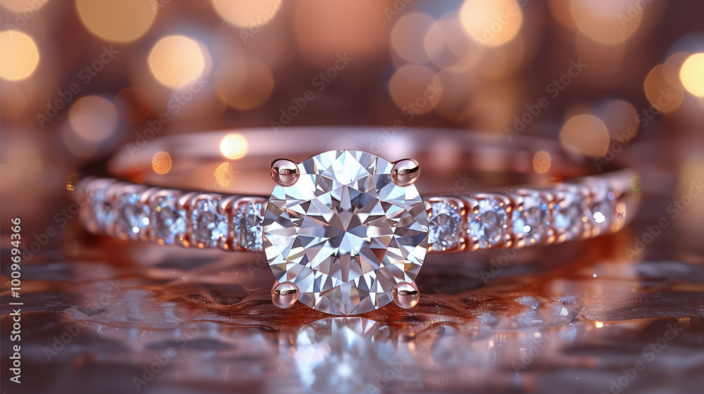 A close-up image of an elegant diamond engagement ring featuring a large round brilliant cut stone set on a rose gold band with side stones, against a bokeh light background A close-up image of an elegant diamond engagement ring featuring a large round brilliant cut stone set on a rose gold band with side stones, against a bokeh light background