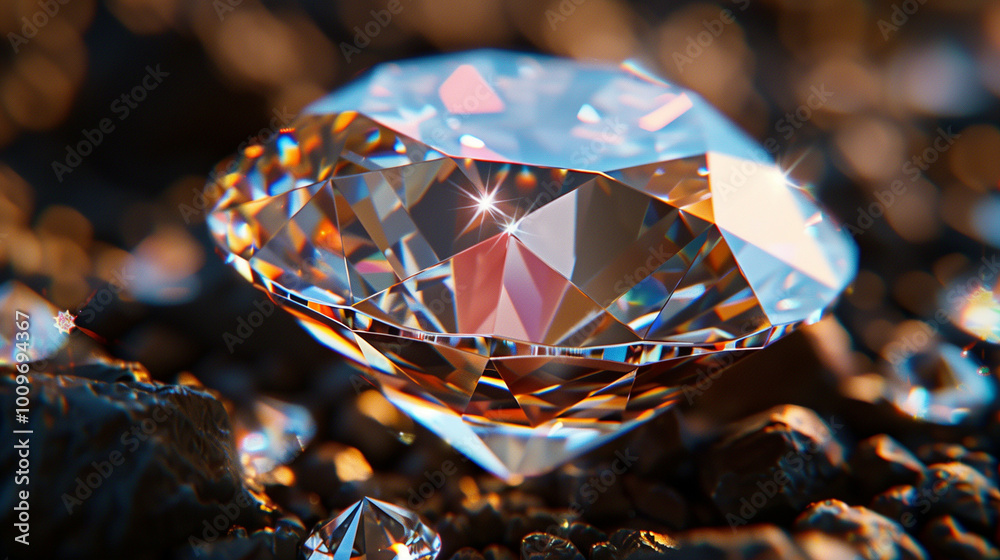 A stunning close-up image of a large, perfectly cut diamond sparkling brilliantly amidst smaller gemstones on a dark, textured surface A stunning close-up image of a large, perfectly cut diamond sparkling brilliantly amidst smaller gemstones on a dark, textured surface