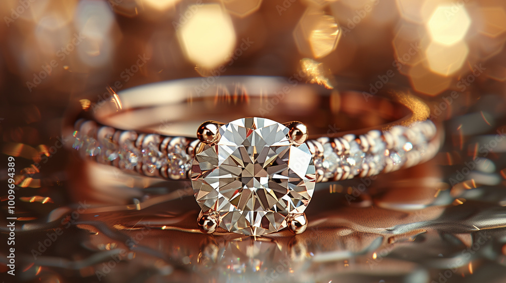 Fototapeta premium Exquisite Diamond Engagement Ring Showcased on Elegant Golden Silk Fabric Background