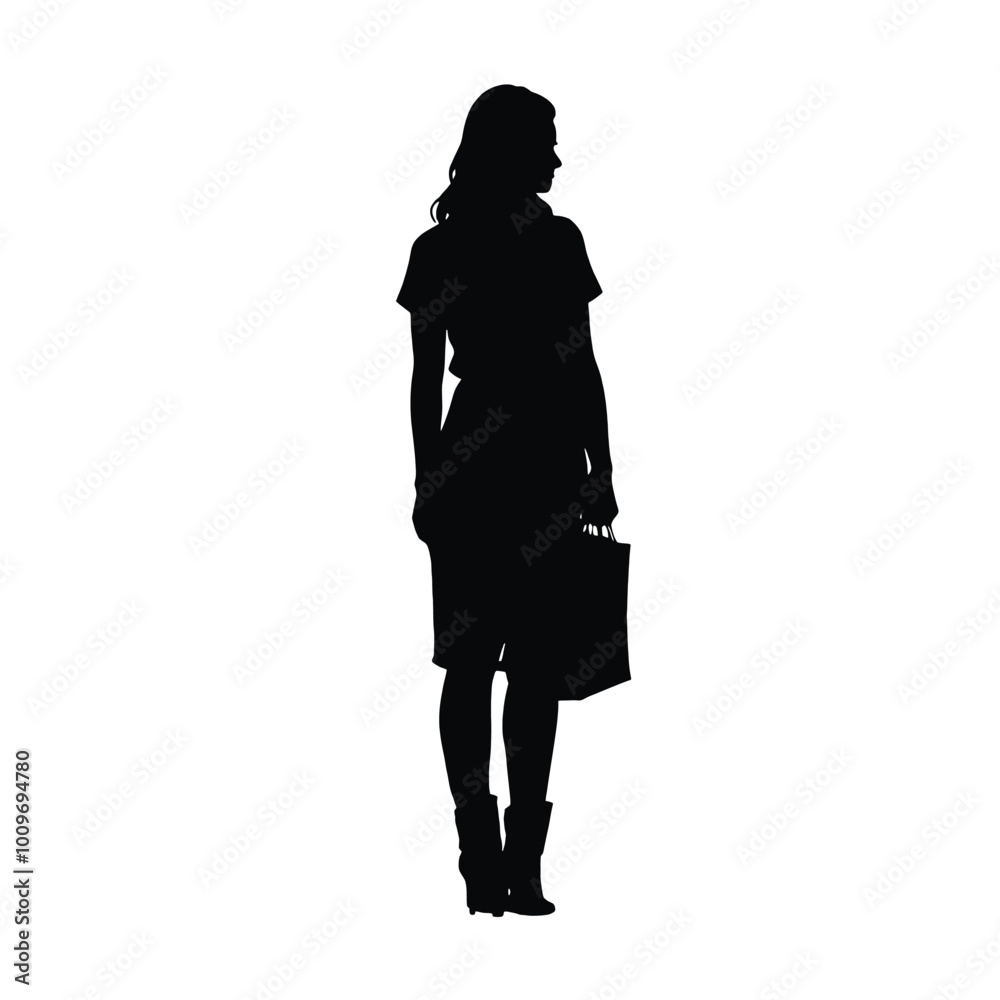 A silhouette of a woman standing with modern dress and holding a shopping bag with white background A silhouette of a woman standing with modern dress and holding a shopping bag with white background