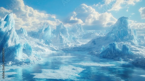 Frozen Mountain Range with a Glacial Lake