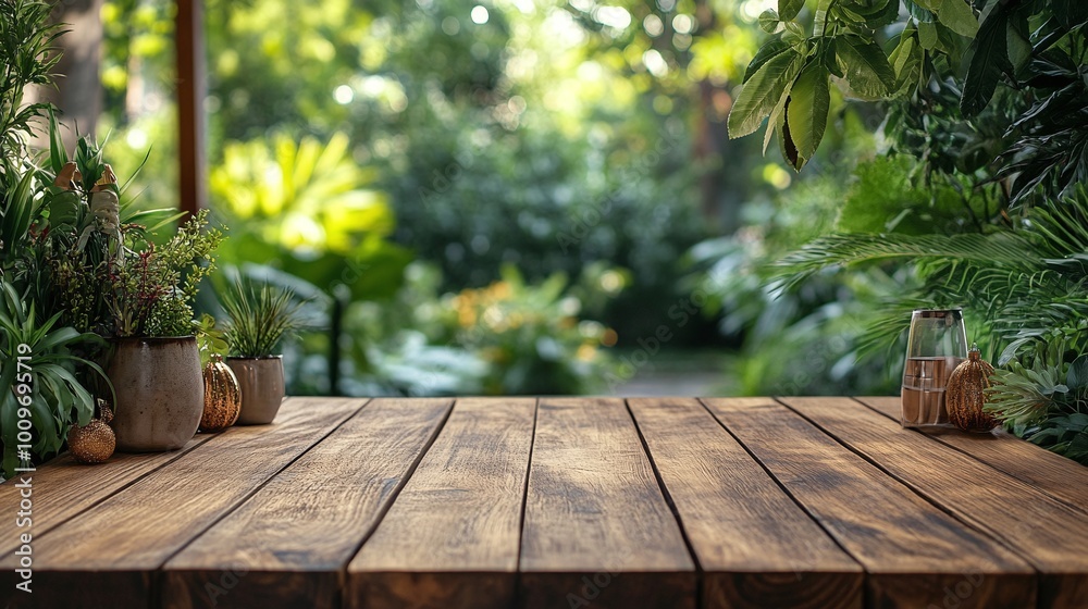 wooden tabletop set in a lush green backyard garden perfect for outdoor parties offering space for product display or event decor in a festive home garden environment wooden tabletop set in a lush green backyard garden perfect for outdoor parties offering space for product display or event decor in a festive home garden environment