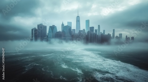 Futuristic cityscape standing on the coastline under cloudy sky