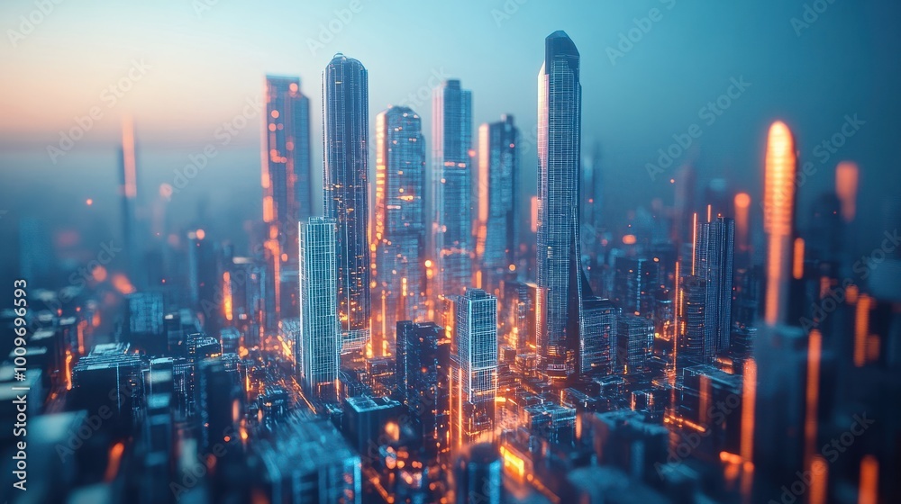 Obraz premium Futuristic cityscape with holographic skyscrapers