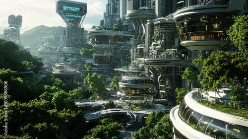 Futuristic cityscape. an environmentally sustainable vision in anime inspired digital art photo