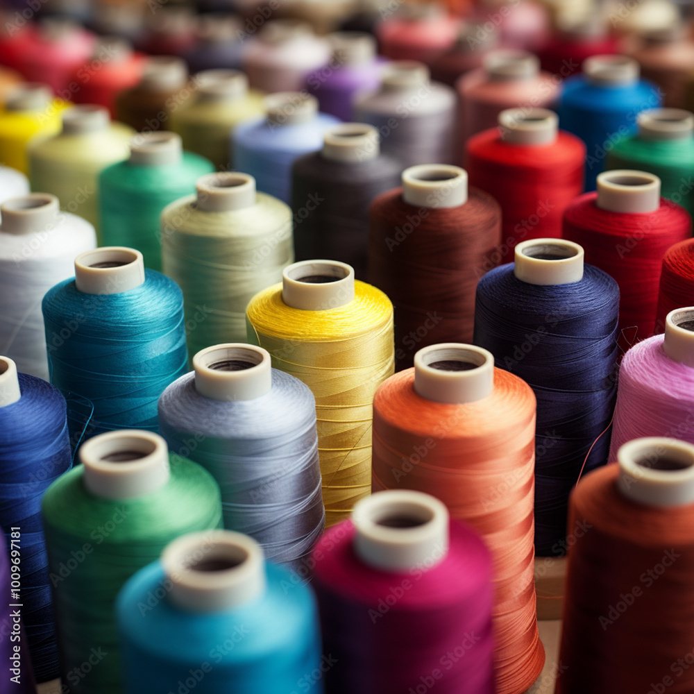 photo spools of multi colored thread on textile material photo spools of multi colored thread on textile material