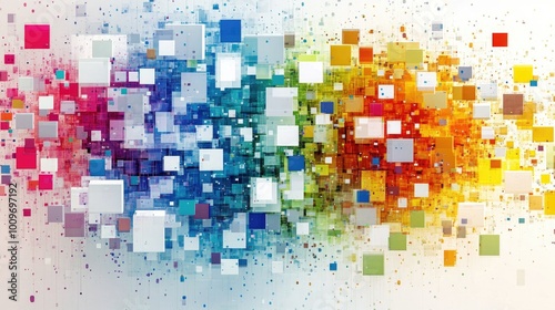 Multimedia content features a vibrant collage of colorful squares and streaming visuals