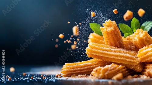 Crispy churros, golden ridged pastries dusted with cinnamon sugar photo