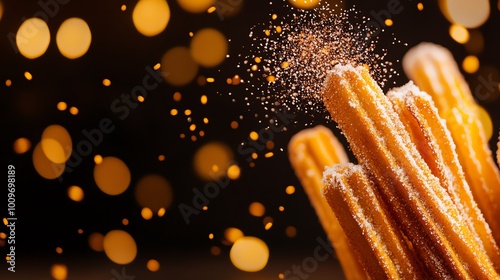 Crispy churros, golden ridged pastries dusted with cinnamon sugar photo