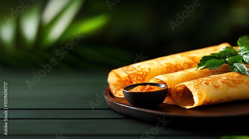 Crispy Indian dosa, thin fermented crepe served with various chutneys photo