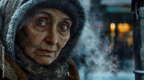 Homeless woman with a weathered face and worn coat, standing near a steaming street grate for warmth. photo