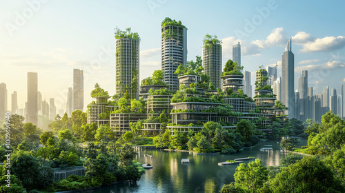 A vibrant, eco-friendly city of the future with lush greenery and renewable energy sources