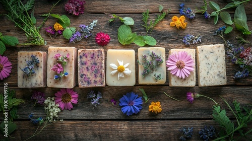 eco-friendly handmade soap adorned with fresh flowers and aromatic herbs in a rustic setting highlighting natural skincare and artisanal wellness for a sustainable beauty routine photo