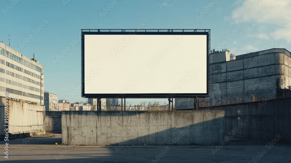 Obraz premium Large, blank billboard in a city square, mounted on a concrete wall with a black metal frame, surrounded by urban cityscape