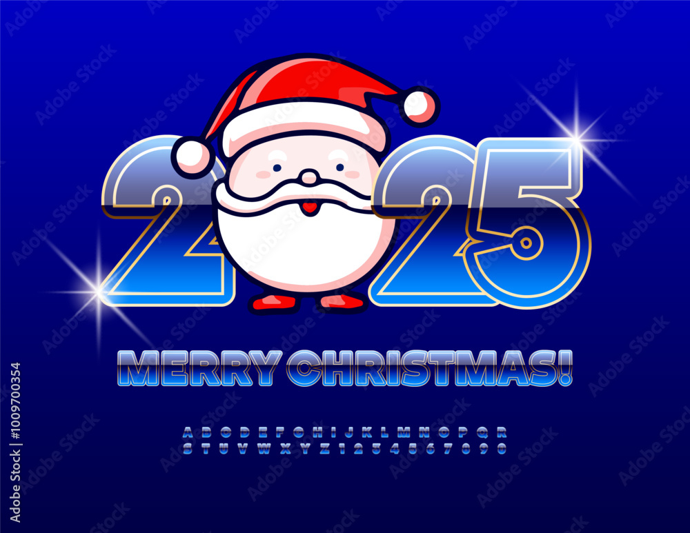 Vector funny Greeting Card Merry Christmas 2025 with cute Santa Claus! Unique Blue and Gold Font. Trendy Glossy Alphabet Letters and Numbers set. Vector funny Greeting Card Merry Christmas 2025 with cute Santa Claus! Unique Blue and Gold Font. Trendy Glossy Alphabet Letters and Numbers set.