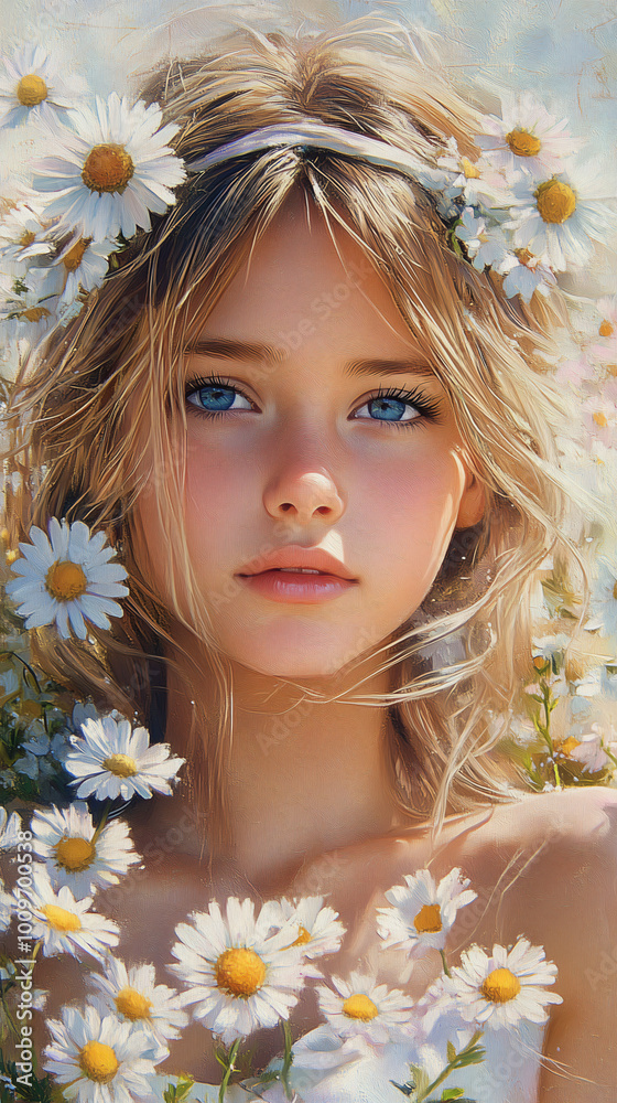 Oil painting of a child in a flower field-2 Oil painting of a child in a flower field-2