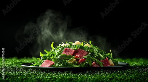 Delicate beef carpaccio, paperthin slices of raw beef with arugula and cheese photo