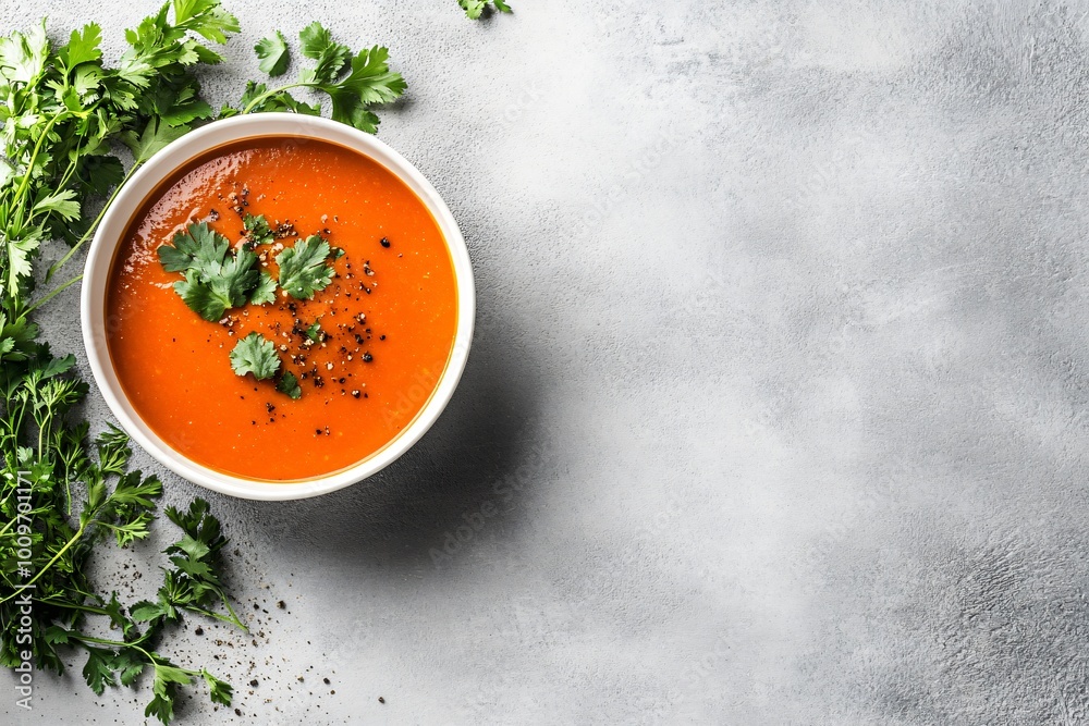 A bowl of orange soup garnished with cilantro and black pepper on a light gray background with copy space.