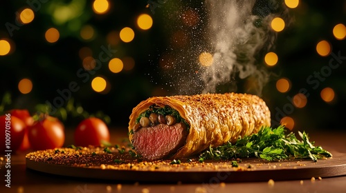 Flaky beef wellington, tenderloin wrapped in pastry with mushroom duxelles photo