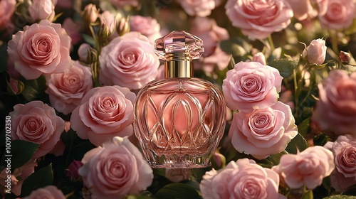 perfume bottle surrounded by pink roses showcasing elegance and femininity in a floral fragrance design with delicate packaging for a romantic and luxurious scent photo