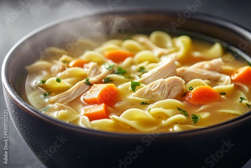 A bowl of steaming hot chicken noodle soup with carrots and parsley.