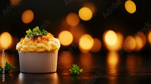 Fluffy French cheese souffle, light and airy cheeseflavored baked dish photo