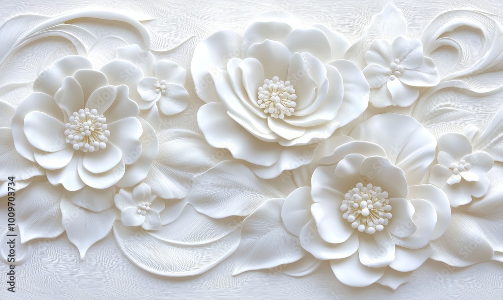 Stock of a white wall with flower bunches on both sides, leaves on one side, and flowers on the other. Stock of a white wall with flower bunches on both sides, leaves on one side, and flowers on the other.