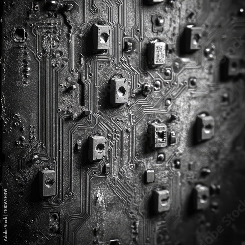 Close-up of a Dusty Circuit Board with Integrated Circuits photo